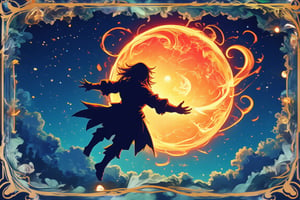 A regal playing game card depicting the silhouette of an airborne sorcerer, hovering in the night sky with one hand extended towards a glowing full moon. The sorcerer’s silhouette is dynamic, with flowing robes and energy trails emanating from his form, giving a sense of power and motion. The moon, glowing intensely with fiery hues of red and orange, appears as if it is a fireball being cast from the sorcerer's palm, with swirling flames wrapping around its edges. The background features a dark, star-speckled sky, adding depth and contrast to the scene. The card's border is adorned with intricate gold and black patterns, enhancing its regal appearance. The lighting from the fiery moon casts a dramatic glow, illuminating the edges of the sorcerer's silhouette. The scene combines magical intensity with refined elegance, creating a card that exudes power and mystique.,EnchantingGlow,LightBurst,BlueRegalCard,BlueDreams