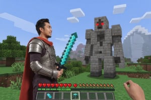 A realistic malay man holding a Minecraft diamond sword and wearing Minecraft Iron Armor, his determined expression and detailed features blending seamlessly with the pixelated aesthetics of the weapon he wields. He stands tall, ready for battle, facing a massive, pixelated Minecraft golem that looms over him. The scene takes place within the Minecraft world, where pixelated trees, blocky mountains, and cubic clouds create a vibrant backdrop. The classic Minecraft interface displays on the screen, showing health hearts, food indicators, and inventory options. The clash of realism and the game's digital art style emphasizes the thrilling moment of this epic confrontation between the man and the dragon, showcasing the dynamic blend of real-world intensity and Minecraft's signature blocky charm. RealCraft,Amrulqays