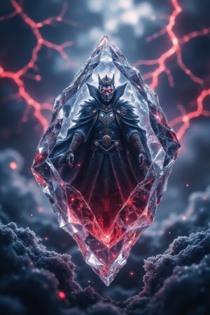 In a vast, darkened landscape under a storm-torn sky, a colossal frozen crystal stands at the center, its facets sharp and gleaming like shards of ice. Encased within is the Vampire King, his eyes slowly opening, emitting a haunting glow that pierces through the crystal. His regal robes are intertwined with frost, and ancient runes shimmer along the fabric.

The background is alive with a tempest of red thunder and lightning, each bolt illuminating the scene with crimson flashes. The thunderclouds swirl violently, casting a dramatic contrast between the deep reds and the icy blues of the crystal. The ground below is fractured, with veins of red light pulsing through the cracks, as if the very earth responds to his awakening.

The composition blends elements of gothic grandeur and supernatural energy. The crystal begins to fracture, tiny shards floating away, symbolizing the breaking of his long slumber. The play of light reflects off both the ice and the storm, creating a mesmerizing interplay of colors and textures. The overall atmosphere is one of awe and impending power, capturing the moment just before the Vampire King reclaims his dominion.,VampireLord,CrimsonVampire,LightningThunder,IceElement,IceFrost