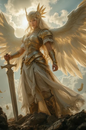 photorealistic portrait of winged Valkyrie Lenneth holding her sword upward in charismatic pose, charming and strong looking, background of sunshine cloudscapes,sunray lit her sword, EnchantingGlow,LightBurst