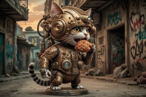 A steampunk anthropomorphic cat with intricate mechanical armor casually eating a fried chicken drumstick through a dystopian alleyway at dusk. The scene is captured from a medium close-up angle, highlighting the movement of its metal appendages. Golden sunset lighting creates a soft glow on the cat’s polished brass surfaces, with reflections from its mechanical helmet emphasizing the sharpness of its steampunk design. The background features decaying buildings with graffiti and scattered debris, all blurred to accentuate the cat’s slow movement. The dimming sky with crimson hues enhances the overall worn, apocalyptic atmosphere.
(1.6-1) d S = δ Q rev T::[1] steampunk_cat::[0.6] fried_chicken --s [mechanical_armor],madmaxcat,SteampunkCat,friedchicken,3Dmorningcoffee