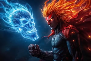 A realistic photo of a man with a red warrior mark on his forehead, standing firmly with a determined stance. Next to him floats a muscular flameskulled apparition, his summon made of glowing blue holographic wireframe with a void-filled interior, holding a hellish skullsabre engulfed in flames. The scene is captured from a bird's eye view, showing the intricate details of the warrior's red mark on his forehead, the glowing wireframe of the summon. Natural light mixes with the intense glow from the apparition, creating dramatic shadows and highlights across the scene,Warrior Mark,Belang Tarung,Neon Glow,Holographic Network