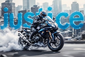 IMG_1998.HEIC Coquelicot blue-kamen rider riding a motorcycle at high speed, selective coloring, grey monochrome, big blue text "justice" in half opacity on background between the rider and a blurred city skyline.,SelectiveImpact,Monochrome Pop,reda