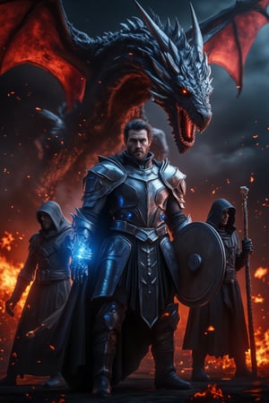 A photorealistic close-up shot featuring a central figure dressed in intricate, silver knight armor with blue accents. He stands heroically with a serious expression, holding a glowing blue gauntlet that emits a cool light contrasting with the fiery red and orange hues around him. Flanking the knight, one character is wielding a large, round shield, poised and ready for battle, while another stands on the opposite side in a dark hooded robe, gripping a magical staff with a determined expression. Behind them, a fierce dragon soars through the air, its wings spread wide and mouth open in a roar, as flames and embers swirl through the air. The background features a dark, molten environment with a glowing, hellish ambiance, emphasizing the heat and danger of the scene. Intense lighting casts dramatic shadows across the scene, highlighting the intricate details of the knight’s armor, the magical glow of the gauntlet, the texture of the dragon's scales, and the determined postures of the supporting characters,Real Dragon,Ki Charge