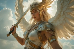 photorealistic portrait of winged Valkyrie Lenneth holding her sword upward in charismatic pose, charming and strong looking, background of sunshine cloudscapes,sunray lit her sword, EnchantingGlow,LightBurst