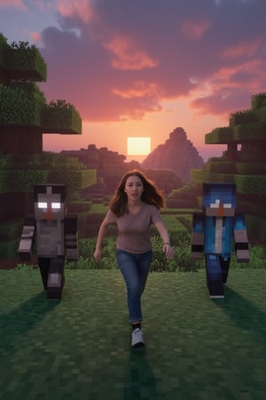 A hybrid-style scene of a realistic girl with detailed features, running away in fear from a group of hostile Minecraft creatures like Zombies, Creepers, and Skeletons. She is sprinting across a pixelated landscape, with blocky hills and trees behind her. The scene is set at dusk, with deep shades of orange and purple filling the sky as the sun sets, casting long shadows over the terrain. The low-poly style of the Minecraft world contrasts with the girl's natural appearance, creating a visually striking mix of realism and pixelated textures. The creatures give chase with menacing expressions, adding urgency to the scene,RealCraft