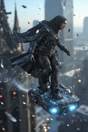 A breathtaking action scene in a gothic grace style, featuring a futuristic stylo hijabi woman surfing on air atop a sleek hoverboard. She is gliding at high speed through the sky, with her hijab flowing dramatically behind her. The scene is captured in a fast-action time freeze, showcasing the dynamic motion as she slices through the air with grace and power. Her attire is a mix of modern techwear and gothic elements, adorned with dark, elegant patterns, while the hoverboard emits a faint glow of blue light. The background blurs into a futuristic cityscape, with towering skyscrapers and gothic-inspired architecture casting long shadows. The lighting emphasizes the speed and intensity of the moment, with the frozen air and small particles suspended in motion. The atmosphere exudes a sense of both power and elegance as she dominates the skies with style.,stylohijabi,cinematic dramatic color style,GothicGrace