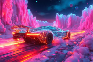 A futuristic neon racecar constructed from pulsating wireframes, speeding through an otherworldly canyon with glowing crystalline walls. The car’s sharp edges emit vibrant rainbow hues that shift with its velocity, creating a dazzling light show. As the vehicle zooms past, it leaves behind trails of swirling, luminescent particles. The canyon walls mirror the car’s glowing spectrum, amplifying the surreal, high-energy environment. The sky is filled with alien constellations, and distant, floating islands shimmer in the neon haze,cloudy,Gambit,Neonwireframe