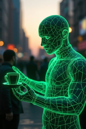 A neon glowing wireframe humanoid man with vivid green lines, buying coffee from a street vendor through a crowded urban street at dawn. The scene is captured from an over-the-shoulder angle, highlighting the wireframe’s interaction with the vendor. Soft, early morning light creates faint glows on the neon lines, with reflections emphasizing the contrast between the glowing figure and the everyday crowd. The background features blurred city buildings and pedestrians, enhancing the focus on the interaction. The pastel morning sky adds to the calm, everyday atmosphere.
(1.6-1) d S = δ Q rev T::[1.0] neon_wireframe_man::[1.0] city_street --s 6
,Neon Glow,Wireframe,Neon Wireframe,Holographic Network,Futuristic Avatar,Hologram,Cyberpunk,Futuristic technology,Neon lighting,Virtual Interface,Glowing effects,High-tech interface,digital glow,digital projection,Augmented reality