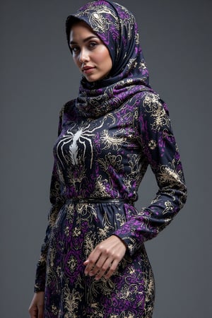 A high-quality fashion mockup of a long hijab design featuring an integration of Venom’s character with traditional batik patterns. The hijab fabric showcases elegant batik motifs—swirls, florals, and geometric patterns—blended with Venom's iconic features such as sharp teeth, tendrils, and muscular form, seamlessly flowing across the fabric. The dominant colors are deep black, white, and shades of dark purple, creating a bold and edgy contrast while maintaining the elegance of traditional batik. The mockup captures the hijab draped gracefully, highlighting the detailed patterns and Venom’s integrated design. The overall look is sophisticated yet fierce, offering a unique fusion of fashion, tradition, and modern pop culture, BatikPattern,kurung_modern