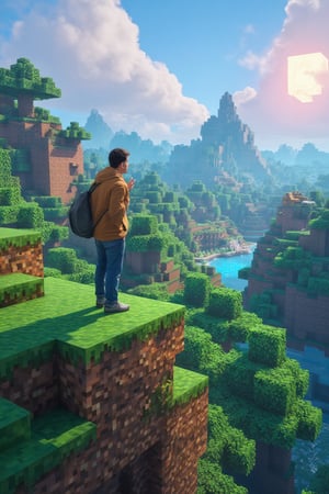 A vibrant scene of a realistic real man from the real world standing on a hilltop within the pixelated world of Minecraft, gazing out over the expansive Minecraft landscape below. The man is depicted with lifelike detail, featuring natural skin tones, casual modern clothing, and a thoughtful expression as he takes in the view. The hill he stands on is composed of blocky Minecraft terrain, with pixelated grass and earth. Below, the Minecraft world stretches out in a patchwork of forests, rivers, and blocky villages, all rendered in the signature pixelated style. The scene captures a harmonious blend of realism and Minecraft's digital charm, using vibrant colors like lush greens, deep blues, and warm browns to create a dynamic and inviting atmosphere. The composition features a variety of line weights, adding depth and dimension to the pixelated environment. Soft, natural light bathes the landscape, with the blocky sun casting a warm glow over the scene, creating a sense of adventure and discovery. The overall feel is both informative and enchanting, inviting viewers to explore the pixelated world from the perspective of a real person, emphasizing the contrast between the realistic man and the charming simplicity of the Minecraft world,RealCraft