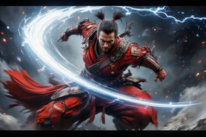 A photorealistic scene of a red-donned samurai airborne, executing a powerful downward slash from above. His katana swing leaves bold, exaggerated light trails that enhance the speed and strength of the descent. The red attire stands out against a blurred background, adding to the dynamic, high-intensity action of the airborne attack,High Speed,Hyperspeed,WildfireFury,red samurai,slashing,swinging