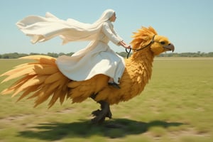 A dynamic digital painting of a woman wearing a white, layered, flowy long hijab, riding a chocobo at high speed. The scene captures her front view, her hijab flowing dramatically with the wind, as the chocobo's feathers ruffle. The setting is an open, grassy plain under bright daylight, with the green grass blurring slightly due to the speed. The natural light emphasizes the golden-brown feathers of the chocobo and the intricate details of the flowing fabric,Riding Chocobo,farida,EnchantingGlow,LightBurst