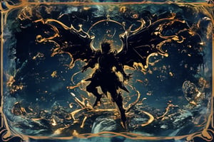 A majestic black and gold regal magical card showcasing the silhouette of a powerful dragon knight, exuding a royal class aura. The card features ornate golden borders, with intricate filigree designs and mystical symbols etched into the frame, enhancing its luxurious appeal. At the center, the dragon knight's silhouette stands tall and commanding, with wings slightly unfurled, radiating power and authority. A golden glow outlines the figure, giving it a mystical and regal essence. The background is filled with swirling black and gold patterns, resembling ancient magic and runic inscriptions, while faint rays of light shine from behind the knight, casting a divine glow. The overall composition is elegant and awe-inspiring, with the black and gold color scheme amplifying the sense of grandeur and royal prestige, making the card a rare and highly coveted treasure, BlueRegalCard,MidnightEmber,QuantumDynasty