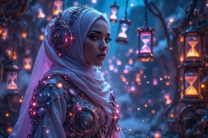 The main subject, a hijabi woman in neon glow wireframe clothing, navigates through a bustling steampunk market adorned with spinning clockwork mechanisms and cascading hourglasses at night. The scene is captured from an over-the-shoulder angle, highlighting the vibrant glow of her attire. Soft, diffused lighting creates shimmering effects on the wireframe surfaces, with reflections emphasizing the intricate clockwork around her. The background features blurred cogs and sand flowing in hourglasses, all softened to accentuate the main subject's presence. The starry sky with billowing steam enhances the overall enchanting atmosphere.

(1.6-1) dS = δQ_rev/T::0.6 neon wireframe::0.4 steampunk market with clockwork and hourglass elements --s 8k photorealistic,Magicallights,divinelights,Neonwireframe,SteampunkHijab