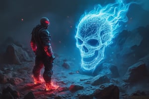 A realistic photo of a modern hero with a red warrior mark on his forehead, standing firmly with a determined stance. Next to him floats a flameskulled apparition, his summon made of glowing blue holographic wireframe with a void-filled interior, holding a hellish skullsabre engulfed in flames. The scene is captured from a bird's eye view, showing the intricate details of the warrior's red mark on his forehead, the glowing wireframe of the summon, and the rough ground below. Natural light mixes with the intense glow from the apparition, creating dramatic shadows and highlights across the scene,Warrior Mark,Belang Tarung,Neon Glow,Holographic Network