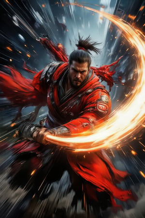 A photorealistic scene of a red-donned samurai running at super high speed, mid-swing with his katana, slicing his opponent in half. Exaggerated light trails illuminate the katana swing, emphasizing the swift, powerful slash. Red attire contrasts dynamically against the blurred background, heightening the sense of high-speed action and intensity,High Speed,Hyperspeed,WildfireFury,cinematic dramatic color style,red samurai,slashing,swinging