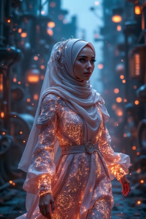 A hijabi woman with neon glow wireframe attire strides through a steampunk cityscape at dusk. The scene is captured from a low-angle shot, highlighting the intricate patterns of her luminous clothing. Ambient neon lights create a radiant effect on the fabric of her hijab, with soft shadows emphasizing her movement. The background features gears and pipes, all blurred to accentuate the main subject's motion. The darkening sky with hints of industrial smoke enhances the overall steampunk atmosphere.
(1.6-1) dS = δQ_rev/T::0.5 hijabi woman::0.5 steampunk cityscape --s 8k photorealistic,Magicallights,Neonwireframe,SteampunkHijab