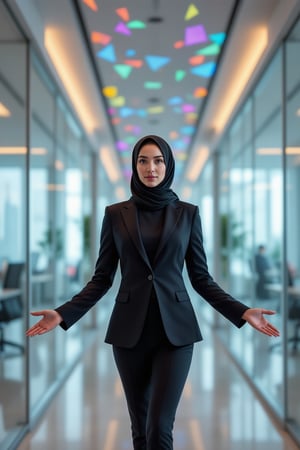 A businesswoman with a sharp tailored suit posing confidently through a modern office space at midday. The scene is captured from a low-angle shot, highlighting her assertive stance. Prismatic kaleidoscope lighting creates a spectrum of colors on the businesswoman's surface, with fragmented reflections emphasizing her dynamic role. The background features sleek glass walls and minimalist decor, all blurred to accentuate the businesswoman's presence. The bright office lighting enhances the overall professional atmosphere.

(1.6-1) dS = δQ_rev/T::0.7 businesswoman::0.3 modern office space --s prismatic kaleidoscope lighting effects,PrismKaleidoscope,BusinesswomanHijab