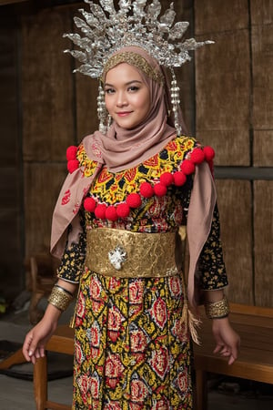 A photorealistic portrait of a woman wearing layered flowy long hijab and traditional Iban attire from Sarawak, Malaysia. She stands proudly, adorned with a floral-decorated silver 'Sugu Tinggi' headpiece, symbolizing beauty and prestige. Her attire features intricate beadwork in yellow, red, and black geometric patterns, with red pom-poms accenting the neckline. Her waist is wrapped in a belt of golden coins, and her arms are decorated with metallic bangles. The background is Iban Longhouse, drawing attention to the vivid colors and textures of her attire. Soft lighting emphasizes the craftsmanship, highlighting the heritage and pride in her expression,IbanAttireXmiya,FaisaCh