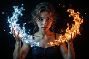 IMG_1998.HEIC A toned half split panel of a woman casting a floating fire magic on one hand and a floating solid ice magic on another hand,FireElement,IceElement,IceFrost