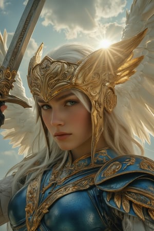 photorealistic portrait of winged Valkyrie Lenneth holding her sword upward in charismatic pose, intricate gleaming blue armor, charming and strong looking, background of sunshine cloudscapes,sunray lit her sword, EnchantingGlow,LightBurst