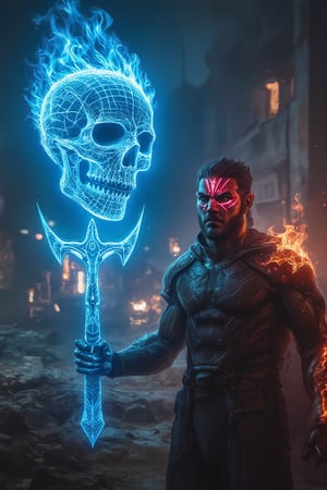 A realistic photo of a modern hero with a red warrior mark on his forehead, standing firmly with a determined stance. Next to him floats a flameskulled apparition, his summon made of glowing blue holographic wireframe with a void-filled interior, holding a hellish skullsabre engulfed in flames. The scene is captured from a bird's eye view, showing the intricate details of the warrior's red mark on his forehead, the glowing wireframe of the summon, and the rough ground below. Natural light mixes with the intense glow from the apparition, creating dramatic shadows and highlights across the scene,Warrior Mark,Belang Tarung,Neon Glow,Holographic Network