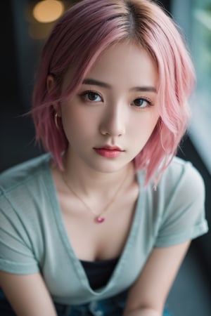 Girl with pink hair, Nikon D850, 85mm lens, soft and dreamy shot, cool and moody lighting, girl centered in frame, shoot from a high angle, incorporate cool and muted colors.