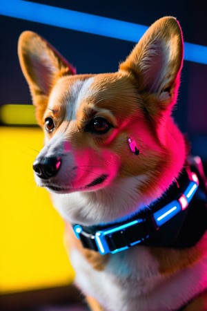 corgi android in cyberpunk style, Nikon D7500 with a 50mm lens, low key lighting, focal point, low angle, neon colors