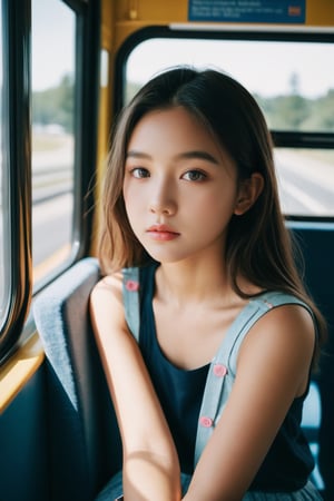 Young girl sitting on a bus, natural lighting from window, iPhone XS, 35mm lens, soft and subtle lighting, girl centered in frame, shoot from eye level, incorporate cool and calming colors