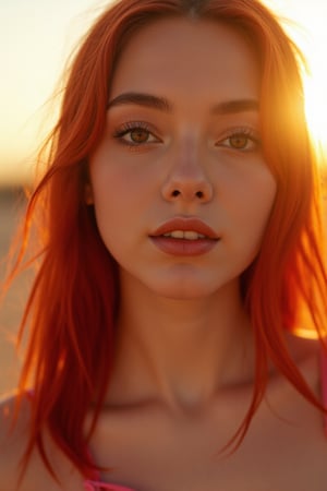 medium shot, professional film photography 1girl, 23yo, official art, , extremely detailed ,colorful, highest detailed, stunning beauty, red hair, pale skin , the creamy smooth skin, sparkling eyes , catchlights, desert at sunset, best photographic quality, cinematic lighting, dof, analog film grain,
