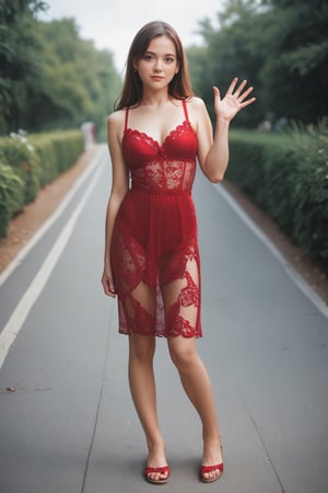 score_9, score_8_up, score_7_up, Young woman, wearing a red lace dress, waving to the viewer, Realistic,source_real
