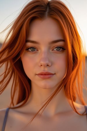 medium shot, professional film photography 1girl, 23yo, official art, , extremely detailed ,colorful, highest detailed, stunning beauty, red hair, pale skin , the creamy smooth skin, sparkling eyes , catchlights, desert at sunset, best photographic quality, cinematic lighting, dof, analog film grain,
