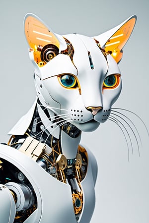 robot with a cat head and android body, feline visage of curiosity and playfulness, expressive digital eyes, sleek and metallic body with intricate circuitry, mechanical limbs, fluid and precise movements, blend of instinct and efficiency, captivating fusion of nature and technology