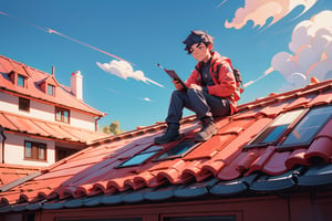 a man installing solar cells on a villa roof, 3DMM