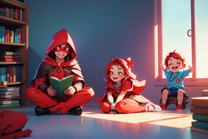 Two happy children, a boy and a girl, sitting on the floor reading books. Bright colours, playful room,RedHoodWaifu,(red hood,3DMM