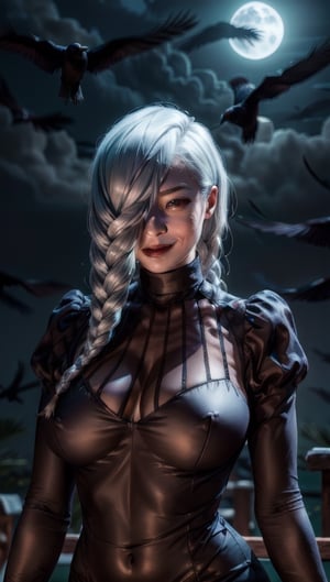 meimei,1woman,hair cover one eye, solo, looking_at_viewer, creep smile, bangs, big breast, parted_lips, hair_over_one_eye, twin_braids, turtleneck, surrounded by  crows, feathers, juliet_sleeves, black_feathers, solid black_bg, nighttime, red_rim light,meidef,MeiMei