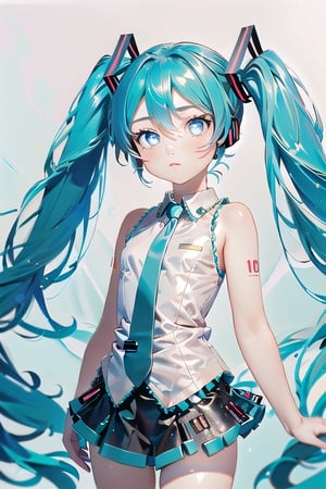 wear the miku costume,blue hair,blue eyes,beutiful,tall girl,not tied,blue Eyes,there is a hint of  blue under his hair,mikudef | wear a blue tie,no_humans,(Hatsune Miku, glowing eyes)