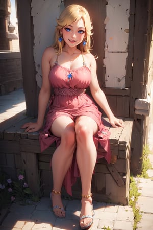 Peach_SMP, (Realistic:1.5) (masterpiece) 1girl, solo, smile, long hair, blonde hair, full body, Sundress with sandals, 
