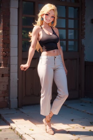 Peach_SMP, (Realistic:1.5) (masterpiece) 1girl, solo, smile, long hair, blonde hair, full body, Linen pants with a tank top, 
