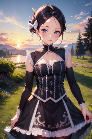 Marley_PKM, masterpiece, best quality, marley, hair bow, gothic dress, detached sleeves, black leggings, cowboy shot, looking at viewer, slight smile, smug, sunset 