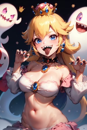 Peach_SMP, princess king boo,  masterpiece, best quality, 1girl, crown, choker, claw pose, sharp teeth, tongue, tongue out, boo (mario), ghost, ghost pose