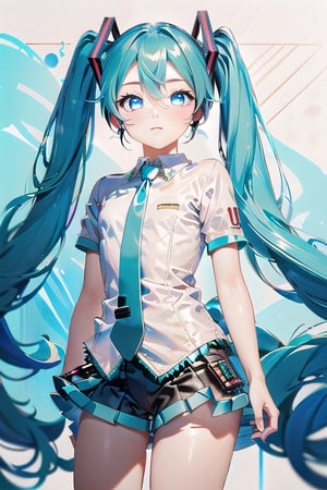 wear the miku costume,blue hair,blue eyes,beutiful,tall girl,not tied,blue Eyes,there is a hint of  blue under his hair,mikudef | wear a blue tie,no_humans,(Hatsune Miku, glowing eyes)