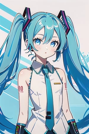 wear the miku costume,blue hair,blue eyes,beutiful,tall girl,not tied,blue Eyes,there is a hint of  blue under his hair,mikudef | wear a blue tie,no_humans, (Hatsune Miku, glowing eyes)