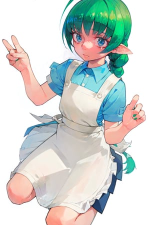 masterpiece, AGGA_ST060, 1girl, solo, long hair, smile, bangs, simple background, white background, dress, green eyes, braid, ahoge, short sleeves, green hair, pointy ears, blunt bangs, apron, v