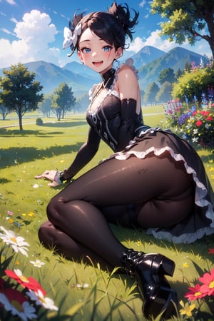 Marley_PKM, ((masterpiece)), (best quality), official art, extremely detailed CG, unity 8k wallpaper, ultra detailed,
1girl,  marley_pkm, hair bow, gothic dress, detached sleeves, black leggings, black boots, 
Lying on the side, pretending to laugh at a joke, outdoors, full body, 
 ,