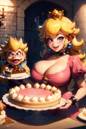 Peach_SMP, bowser, (princess peach), larger male, spiked collar, (1boy), (1girl), duo, masterpiece, perfect lighting, absurdres, detailed hair, big penis, unseen male face, (sfw:1.1), castle kitchen, (baking a cake:1.1), cake, food, table, happy, cute, (grabbing),

 
 