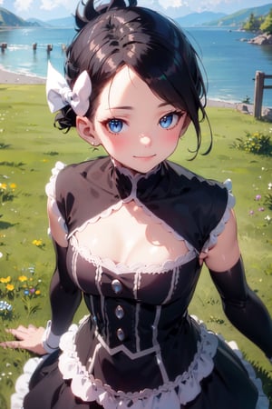 Marley_PKM, masterpiece, best quality, marley, hair bow, gothic dress, detached sleeves, black leggings, slight smile, looking at viewer, looking down, from above 
