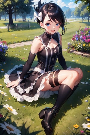 Marley_PKM, ((masterpiece)), (best quality), official art, extremely detailed CG, unity 8k wallpaper, ultra detailed,
1girl,  marley_pkm, hair bow, gothic dress, detached sleeves, black leggings, black boots, 
Lying on the side, pretending to laugh at a joke, outdoors, full body, 
 ,