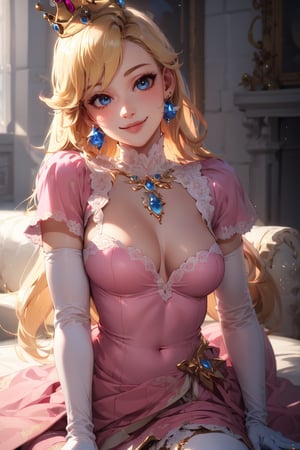 Peach_SMP, (Realistic:1.5) (masterpiece) 1girl, solo, long hair, smile, blonde hair, dress, jewelry, full body, earrings, white gloves, crown, pink dress,   